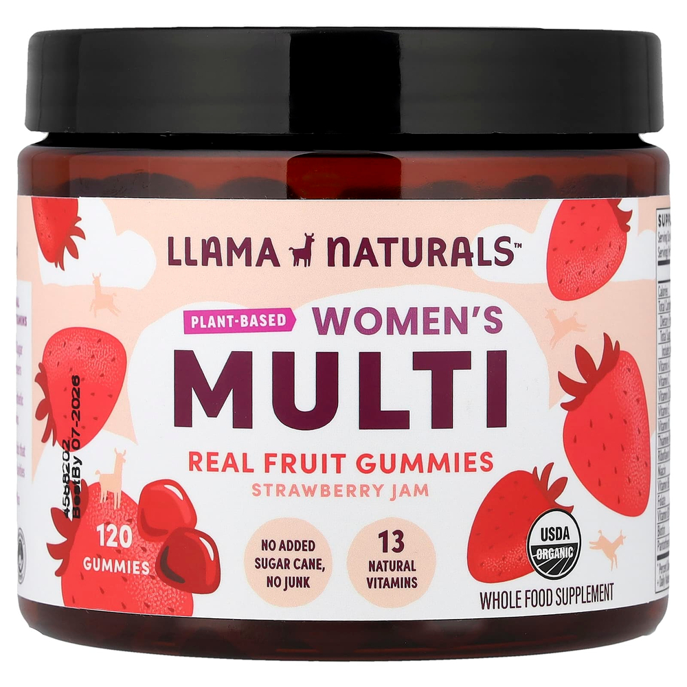 Llama Naturals, мультивитамины на растительной основе для женщин, настоящие фрукты, клубничный джем, 120 жевательных таблеток