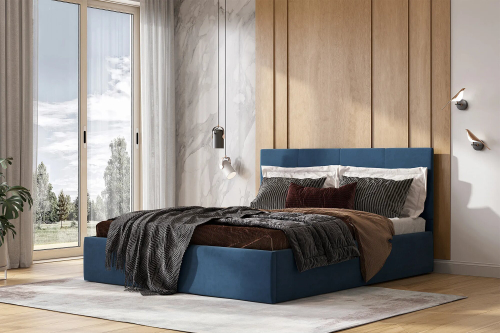 Кровать Лондон, спальное место 160х200, обивка велюр синий, лдсп