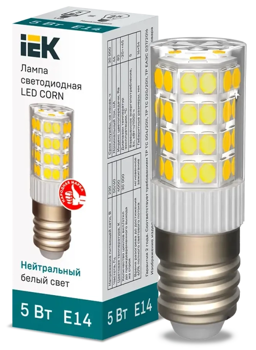 Лампа светодиодная CORN капсула 5Вт 230В 4000К керамика E14 IEK