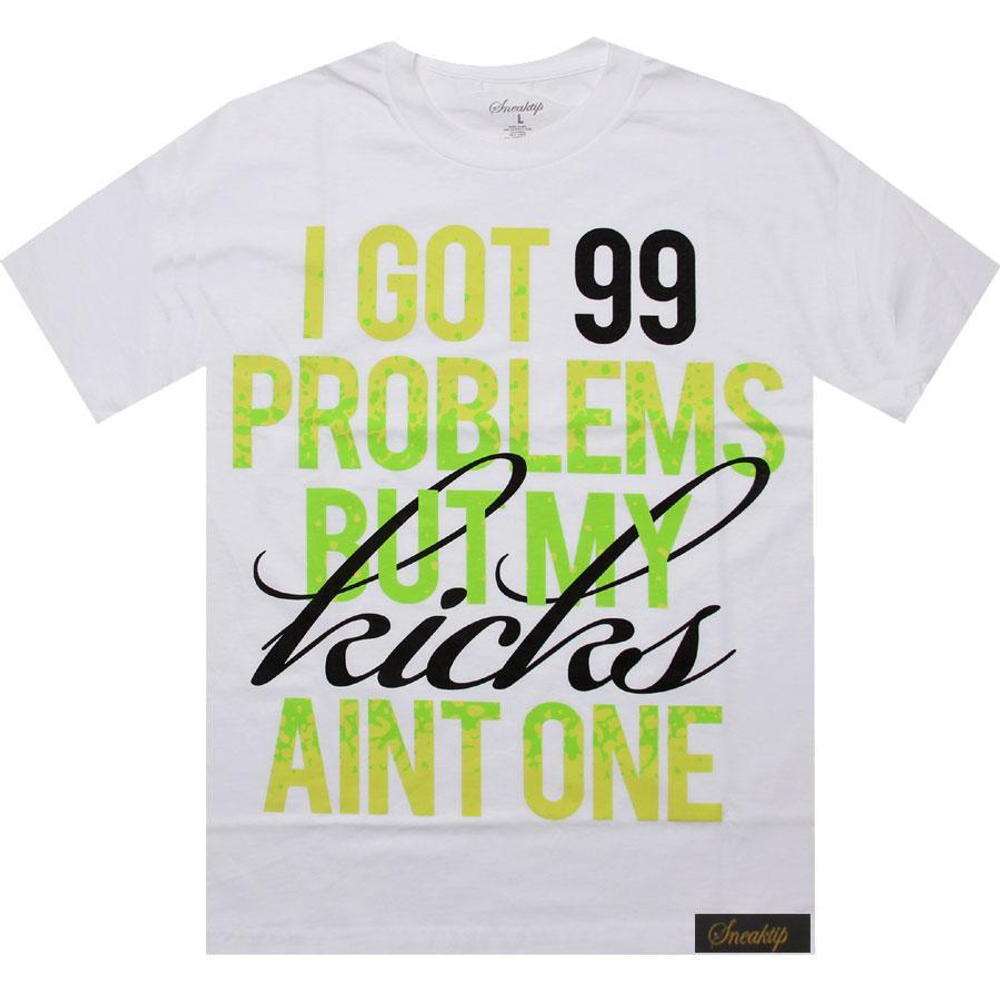Футболка Sneaktip 99 Problems белая с салатовым на человеке грудь
