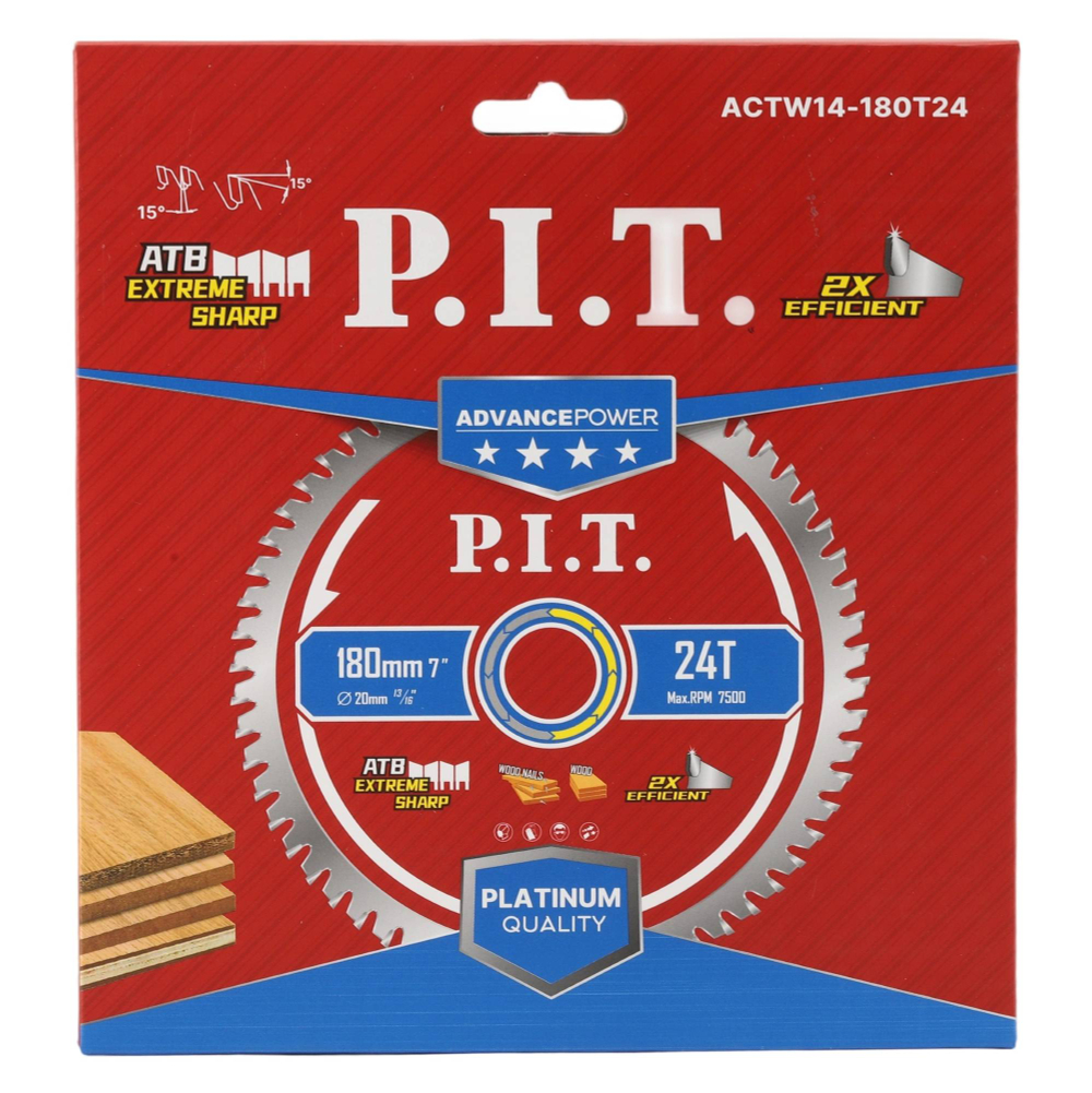 Диск пильный по дереву P.I.T. 180x20x1,4 мм,  24T Carbide, зуб ATB 15° (ACTW14-180T24)