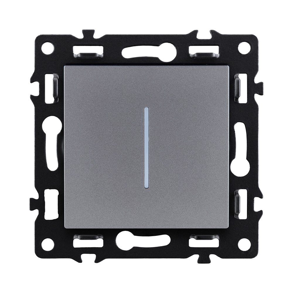Выключатель кнопочный 1-клавишный 10А/250В с LED подсветкой, серый Kollinger Asthetik AS-012GY