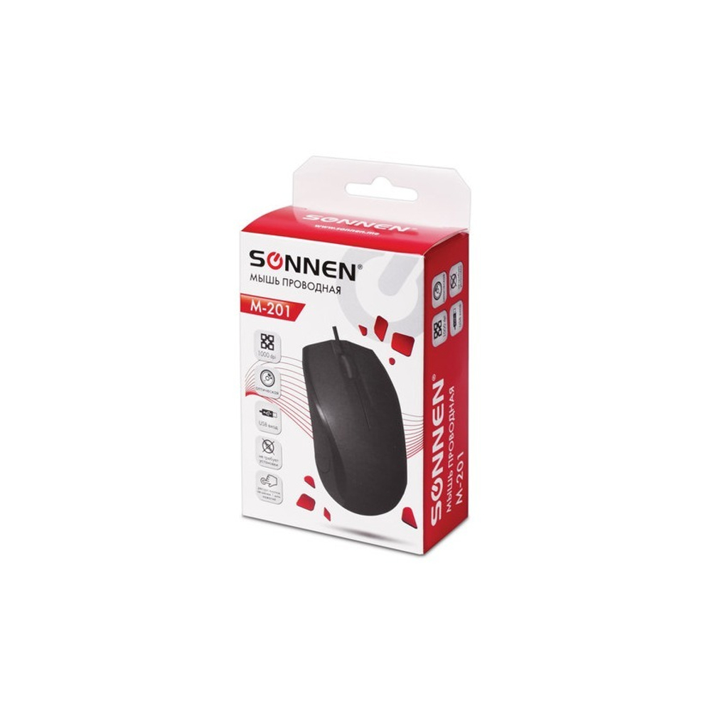 Мышь проводная SONNEN М-201, USB, 1000 dpi, 2 кнопки + колесо-кнопка, оптическая, черная, 512631