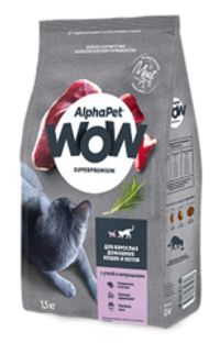Alphapet 0,75кг "WOW" Сухой корм для взрослых кошек, утка и потрошки