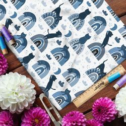 Ткань кулирная гладь синие кошки скачут по холмам