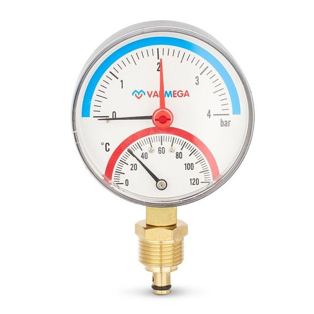 Термоманометр VARMEGA радиальный 80 мм, 4 бар, 120гр.С, 1/2", с отсекающим клапаном, VMMT07-800404
