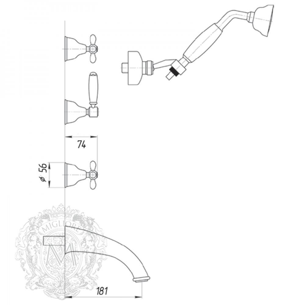 Смеситель для ванны встроенный с душем Migliore Princeton Plus ML.PRP-8018 схема