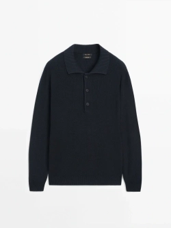 Massimo Dutti Хлопковый свитер с воротником поло, темно-синий