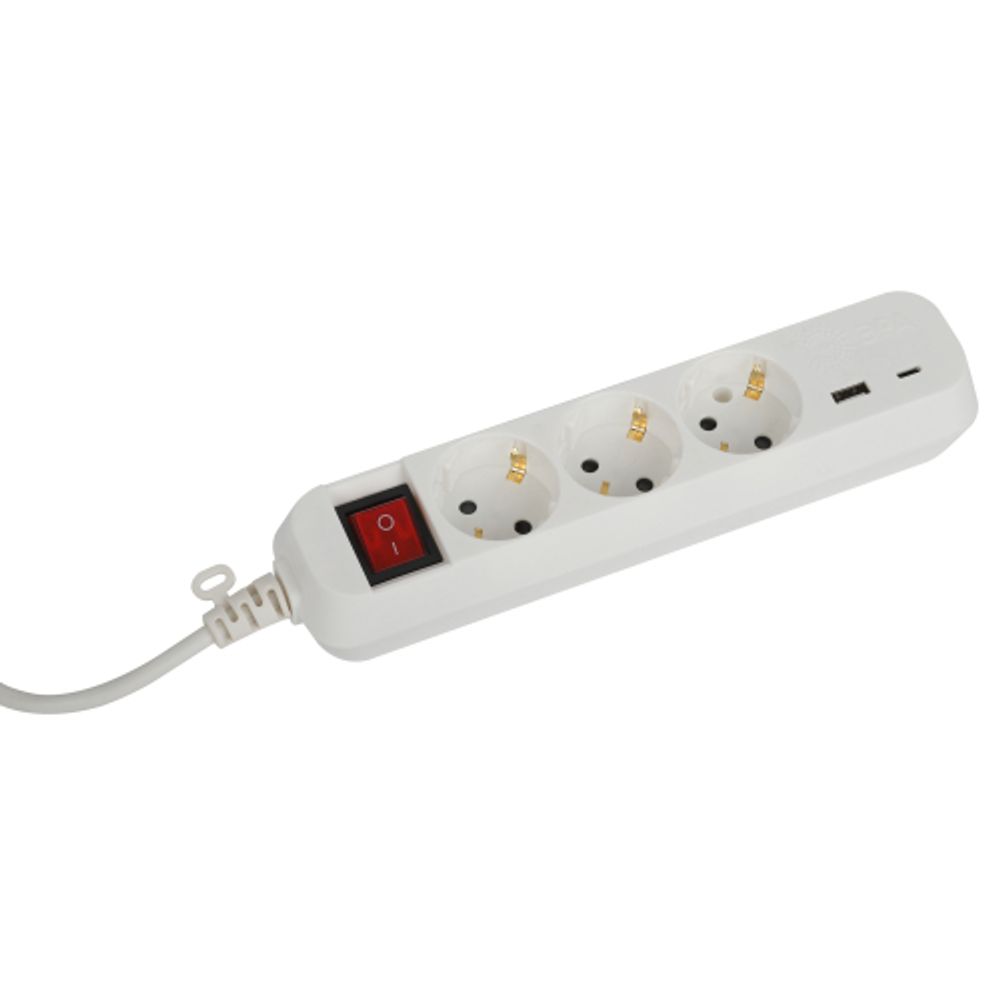Удлинитель электрический ЭРА UB-3es-3m-USB c заземлением с выключателем 3 розетки + 1xUSBA+1xUSBC 3м 10А | Бытовые удлинители