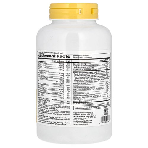 Super Nutrition, смесь для женщин, для ежедневного приема, мультивитамины и растительные компоненты для восстановления баланса, без железа, 180 таблеток