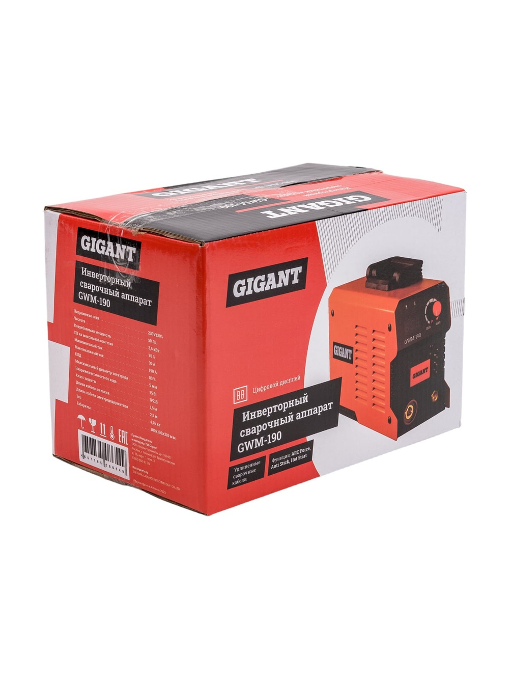 Инверторный сварочный аппарат (190 А; дисплей; кабель 2.5+1.5 м) Gigant GWM-190