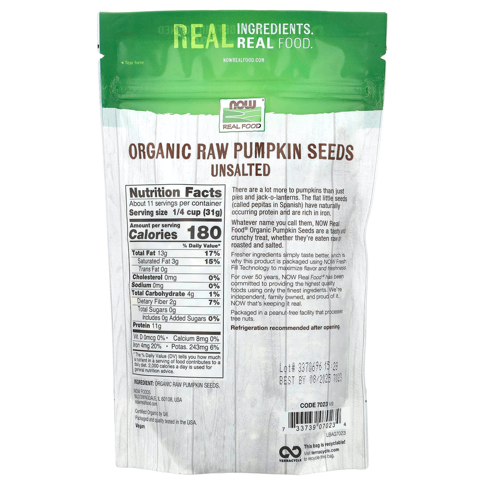 NOW Foods, Real Food, органические сырые семена тыквы, несоленые, 340 г (12 унций)