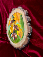 Веточка дуба - картина маслом на срезе дуба с корой | Художница Ефимова Ольга