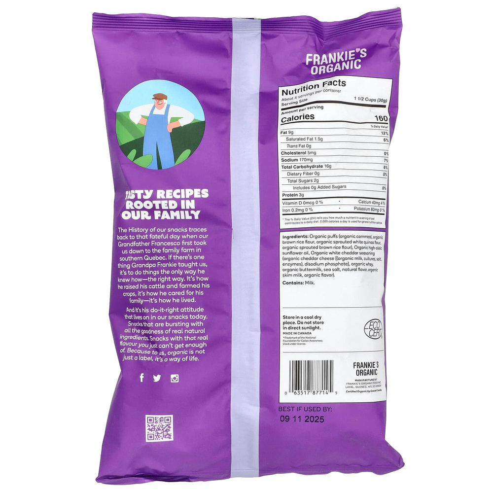 Frankie's Organic, Puffs, белый чеддер, 113 г (4 унции)