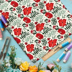 Ткань бифлекс насыщенные маки и листья на бежевом фоне