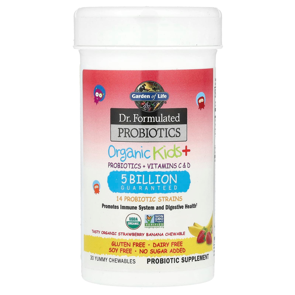 Garden of Life, Компания Dr. Formated Probiotics, органические жевательные таблетки для детей, вкусная органическая клубника и банан, 30 вкусных жевательных таблеток