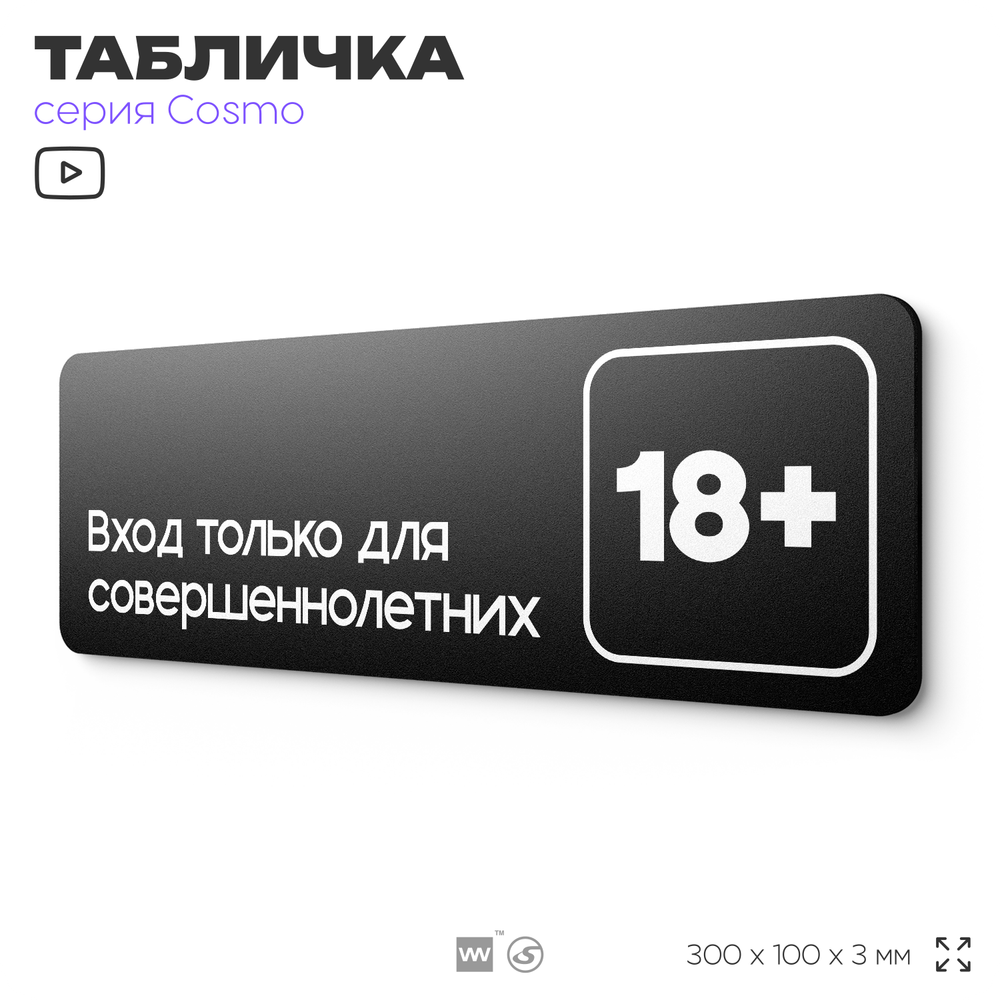 Табличка Вход только для совершеннолетних, 30х10 см, для офиса, кафе, магазина, паркинга, серия COSMO, Айдентика Технолоджи