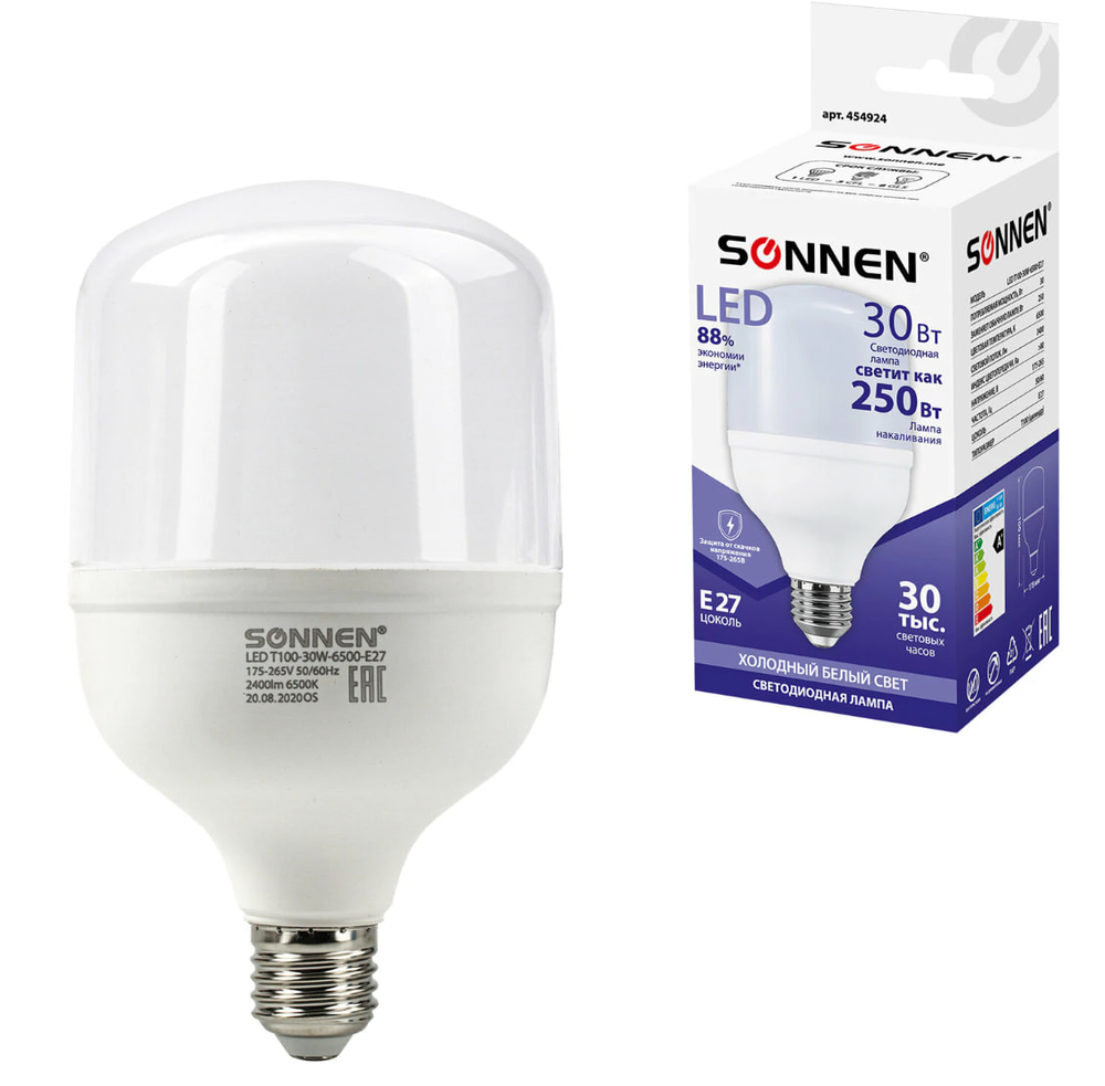 Лампа светодиодная SONNEN, 30 (250) Вт, цоколь Е27, цилиндр, холодный белый, 30000 ч, LED Т100-30W-6500-E27, 454924ОЗ
