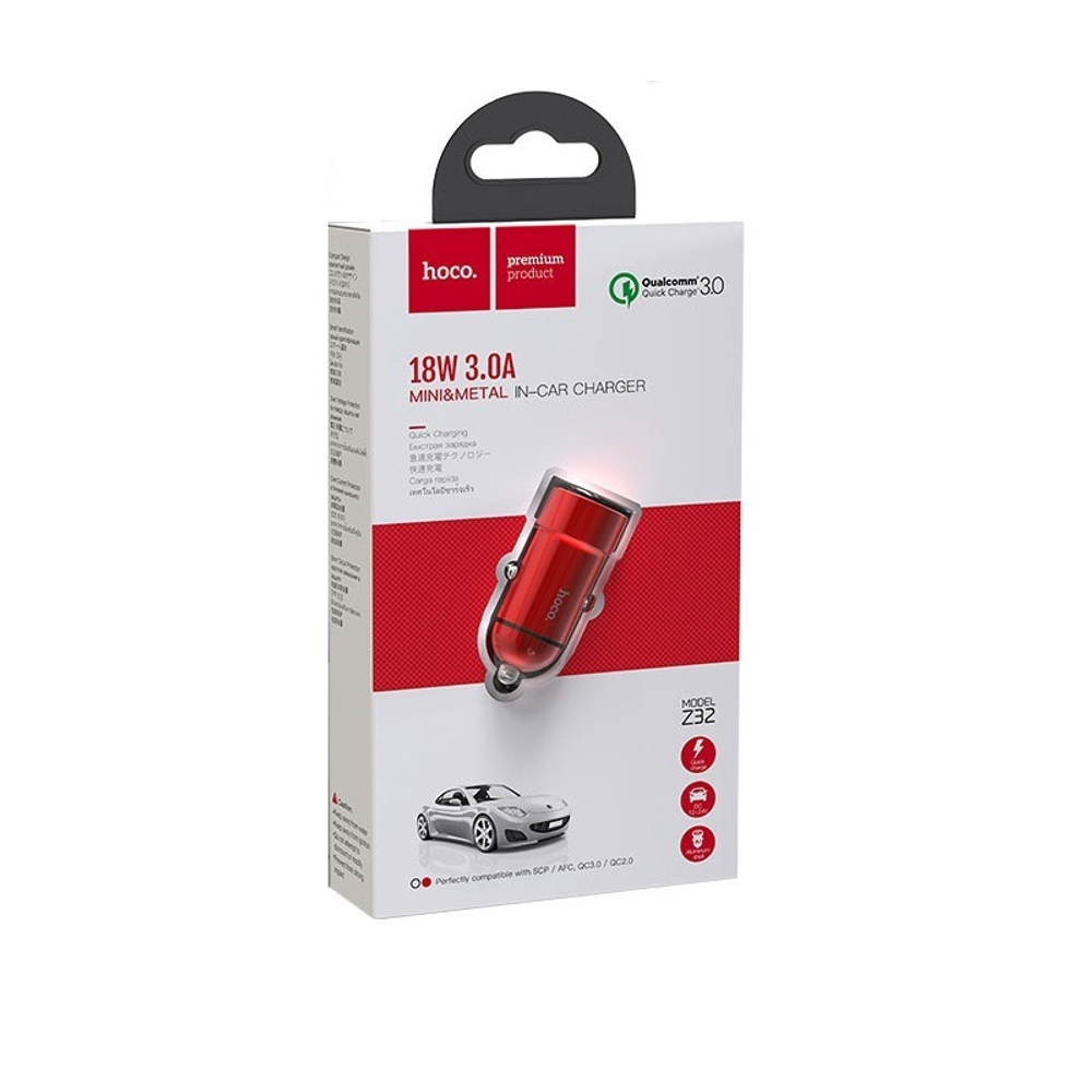 Разделитель автомобильный Hoco Z32 Speed Up single port QC3.0 car charger (USB: 3.6V-6.5V &amp; 3A) Красный