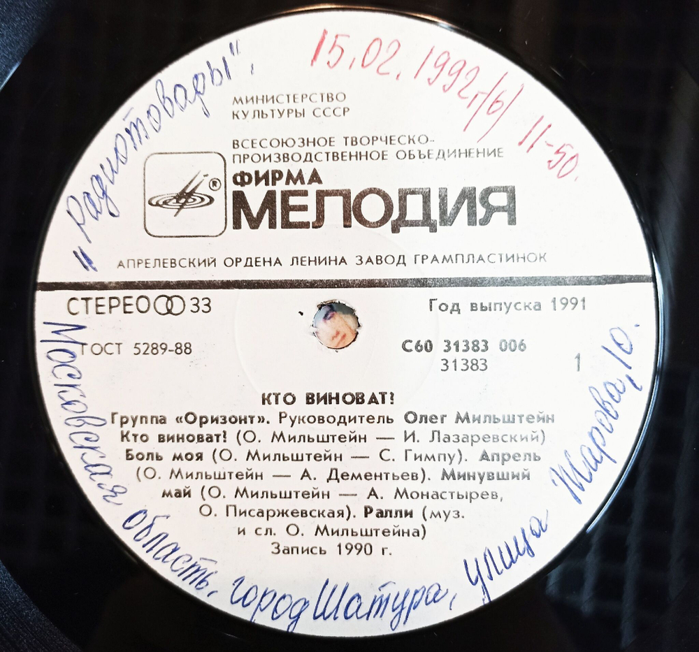 Винтажная виниловая пластинка LP ВИА Оризонт Кто Виноват (СССР 1991)