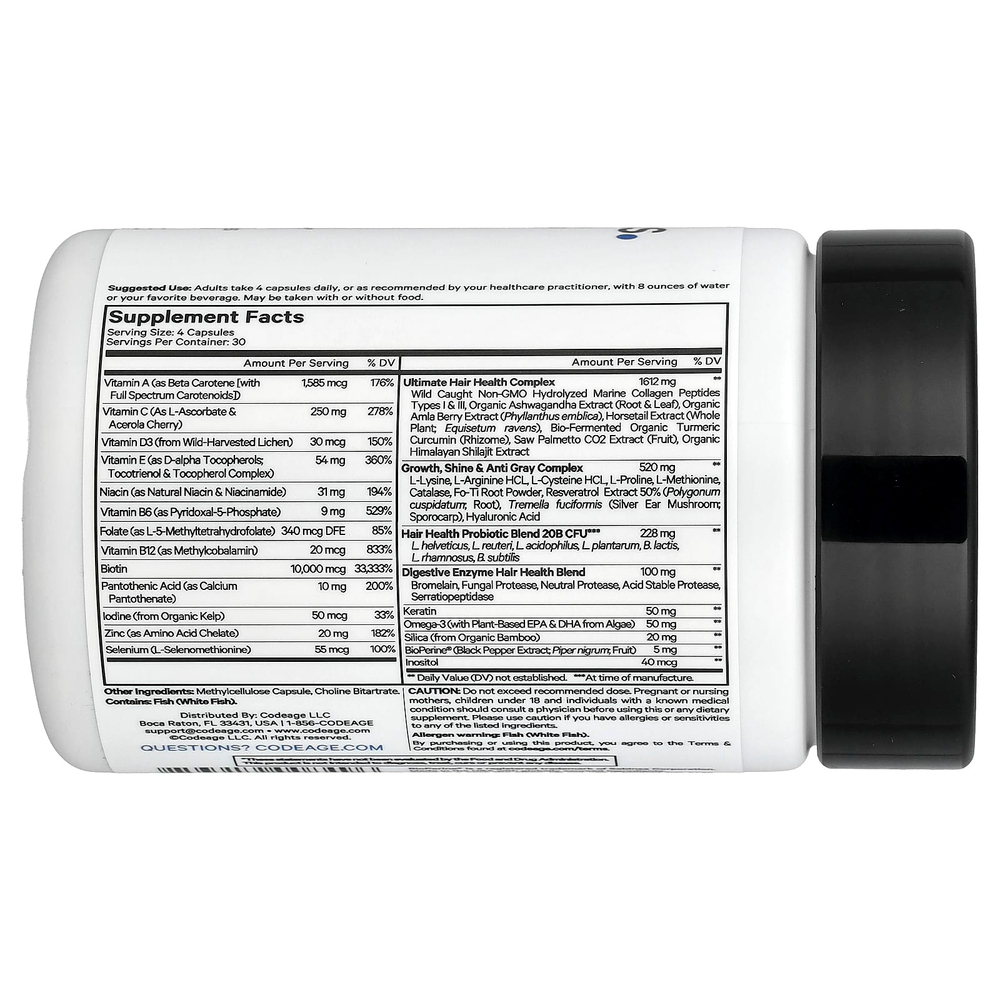 Codeage, витамины для волос, 120 растительных капсул