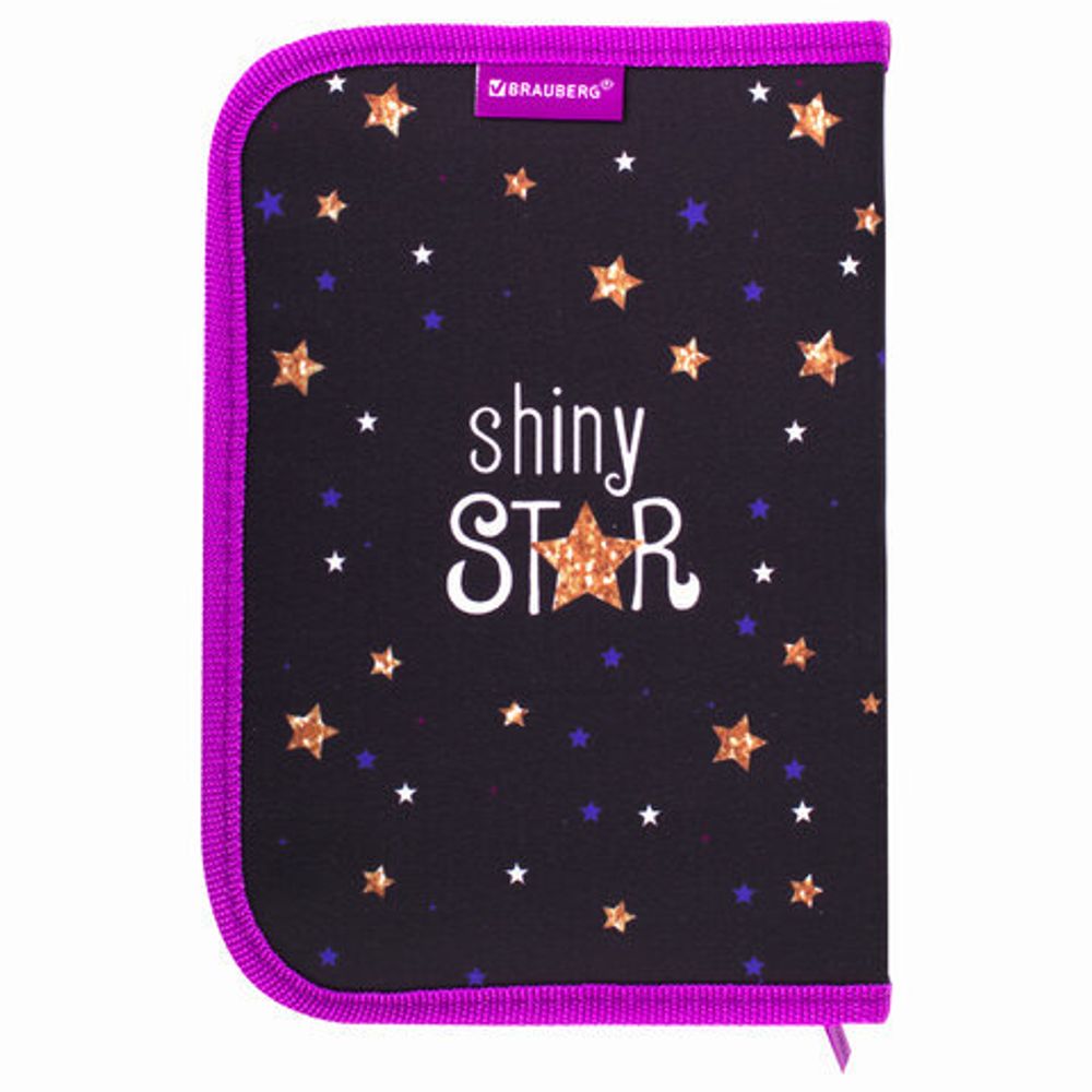 Пенал BRAUBERG, 1 отделение, 2 откидные планки, полиэстер, 21х14 см, "Shiny star", 270312