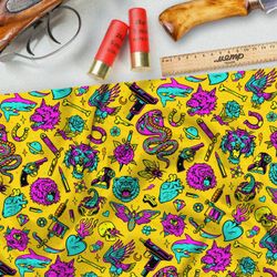 Ткань кулирная гладь розово-голубые предметы на жёлтом фоне