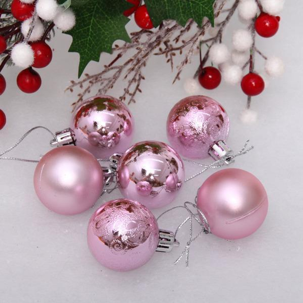 Новогодние шары 4 см (набор 6 шт) "Микс фактур", розовый (Серпантин)