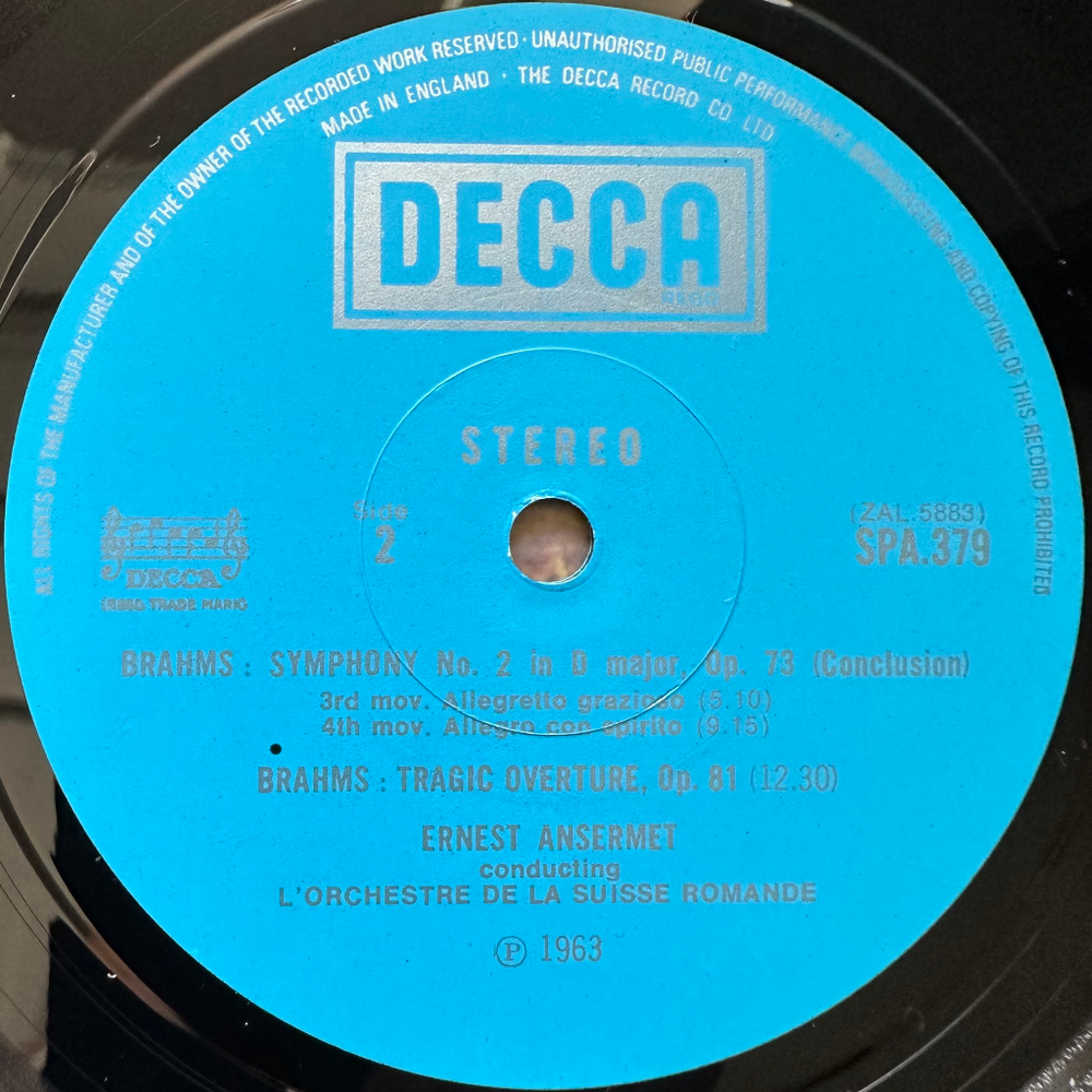 Брамс - Симфония №2 / Трагическая увертюра (Англия 1974г.)