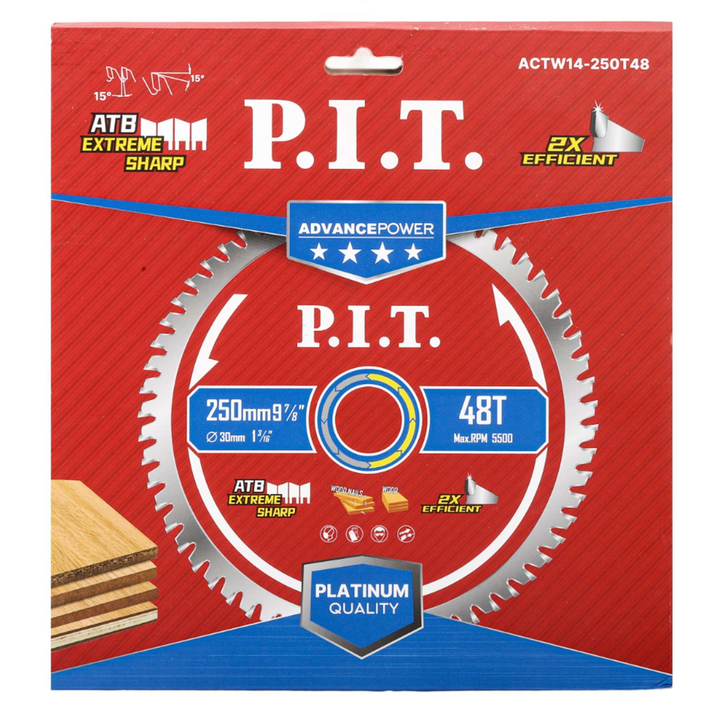 Диск пильный по дереву PIT  250x30x2,2 мм, 48T Carbide, зуб ATB 15° (ACTW14-250T48)