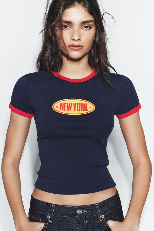 ZARA ФУТБОЛКА С НАДПИСЬЮ, СИНИЙ