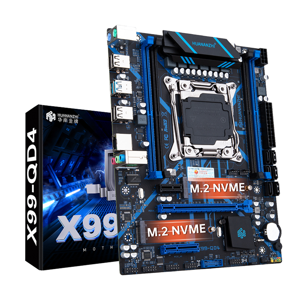 УЦЕНКА_Материнская плата с процессором HUANANZHI X99-QD4, Socket2011-3, Xeon E5-2670v3, mATX, Retail, Socket2011-3, 4xDDR4, PCIe3.0, 2xM.2, GLAN, 2xPS/2, 8xUSB2, 4xUSB3, CPU TDP 120Вт (RMA_HNZ-X99QD4-2670V3) {следы монтажа}