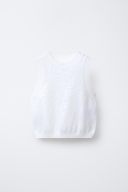 ZARA ТРИКОТАЖНЫЙ ТОП С ПАЙЕТКАМИ, ЭКРЮ