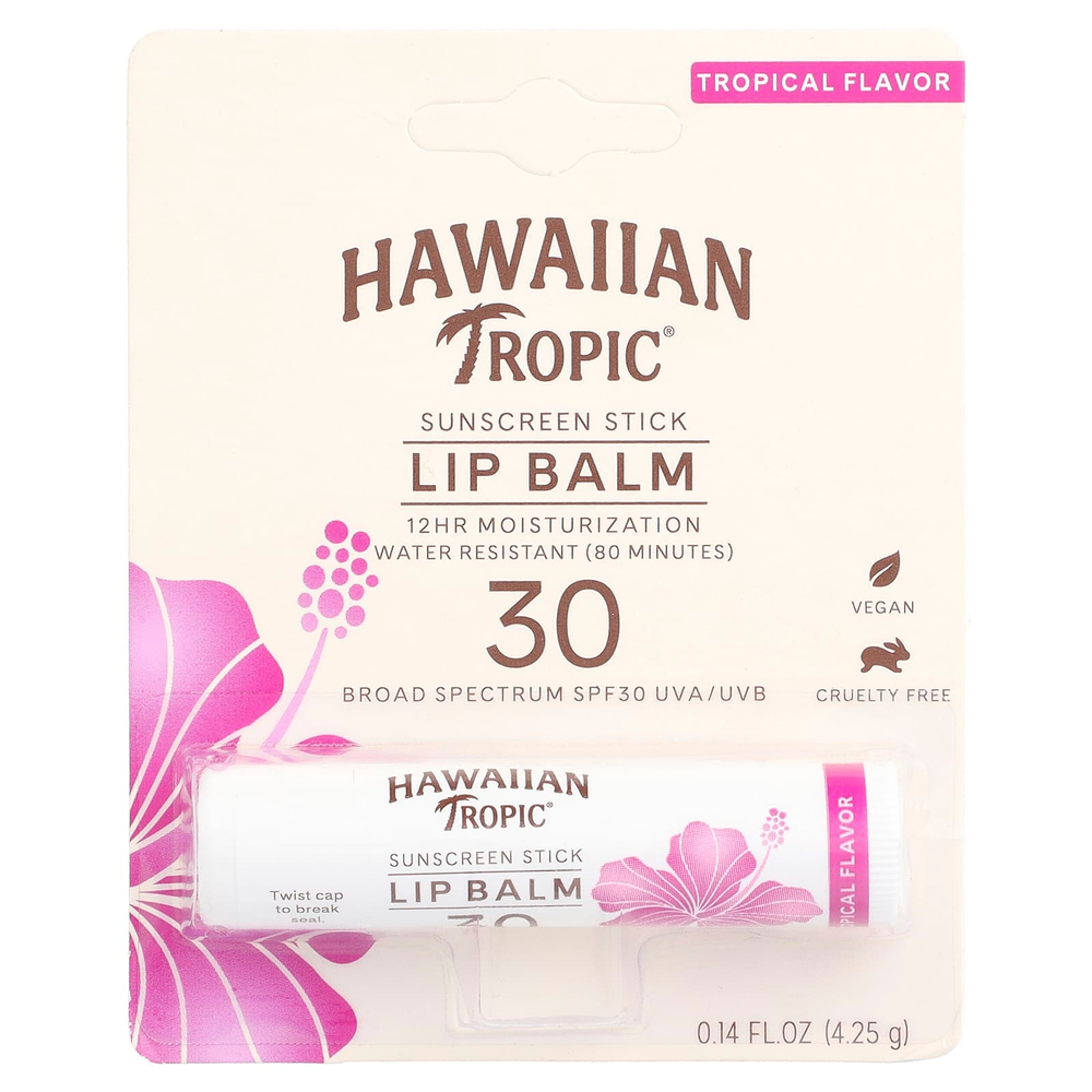 Hawaiian Tropic, Солнцезащитный бальзам для губ, SPF 30, тропический, 4,25 г (0,14 жидк. унц.)
