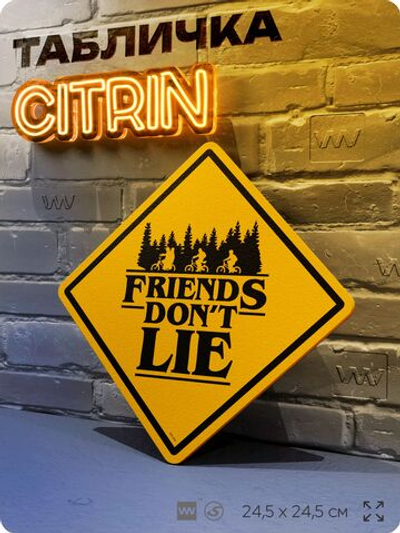 Табличка декоративная "Друзья не лгут, Friends don't lie" из сериала Очень Странные Дела, на дверь и стену, прикольная штука в подарок фанату, знак ЦИТРИН, 24,5х24,5 см, Айдентика Технолоджи