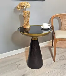 Стол журнальный Bell, Ø50х60 см, черное стекло, дерево, латунь