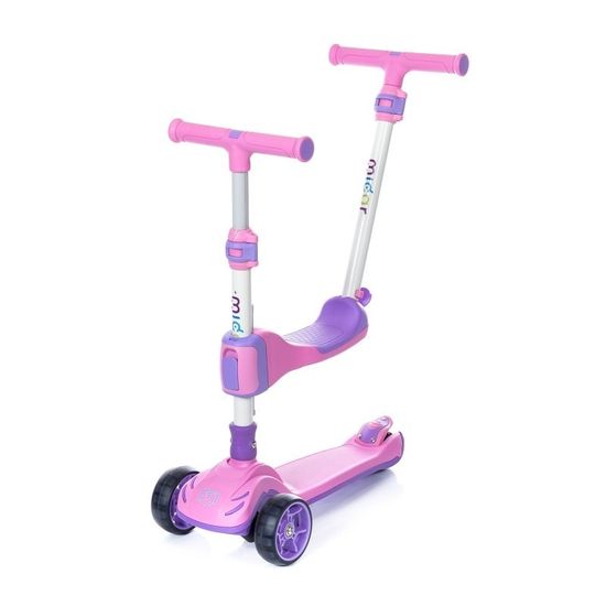 Самокат-беговел 3 в 1 Scooter Micar Transformer складной со светящимися колесами, сиденьем и родительской ручкой розовый