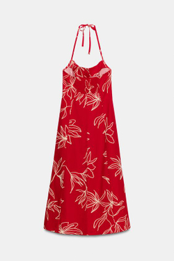ZARA ПЛАТЬЕ МИДИ ИЗ ПОПЛИНА С ПРИНТОМ, КРАСНЫЙ/БЕЛЫЙ