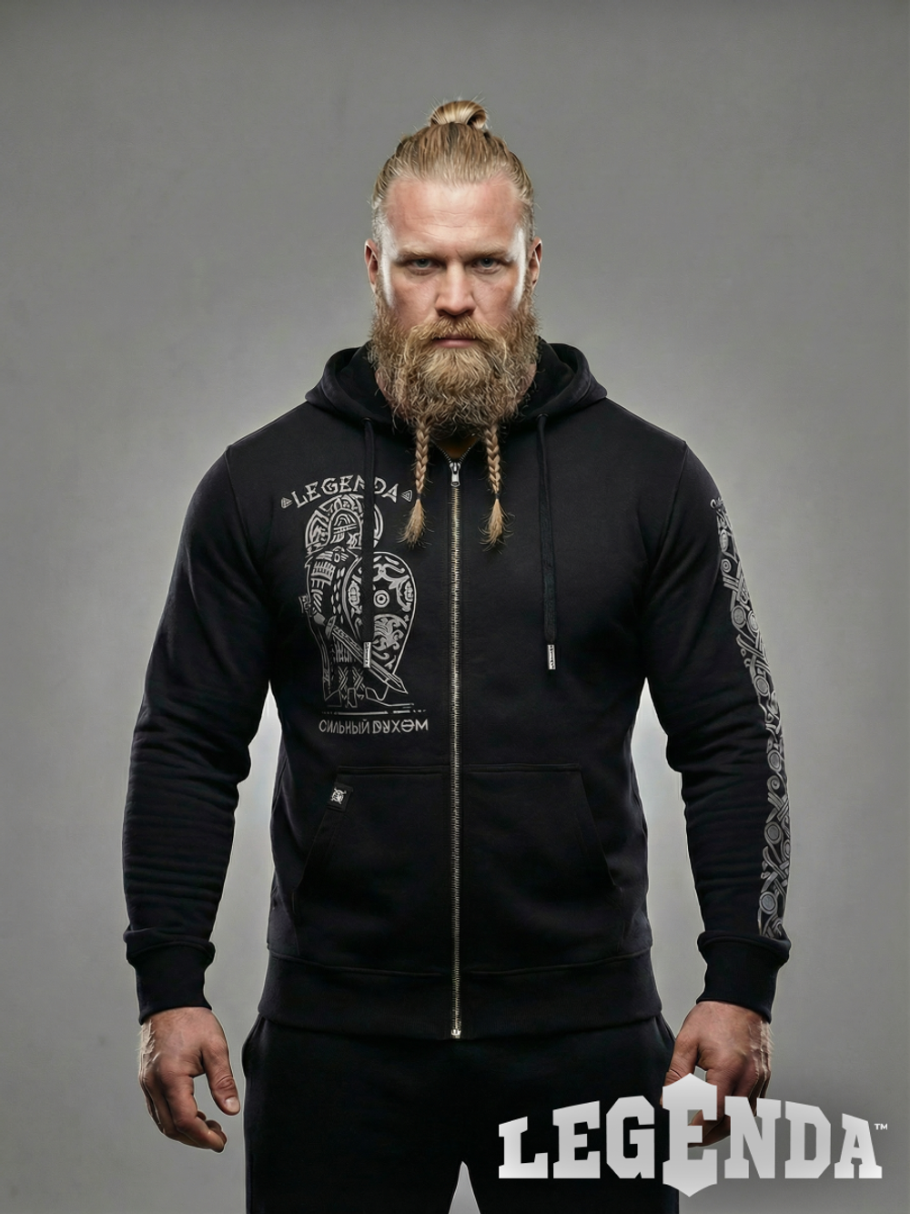 Толстовка с капюшоном и карманом на молнии мужская LEGENDA Варяги черная