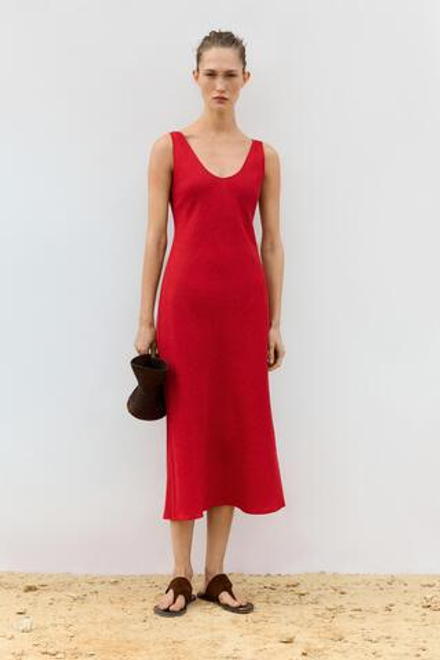 Massimo Dutti Льняное платье миди на бретелях, красный