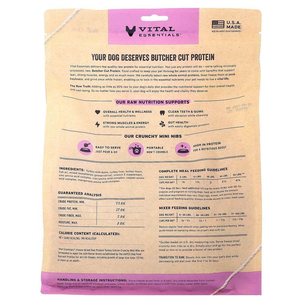 Vital Essentials, сублимированный сырой протеин, хрустящие мини-бобы, для собак, блюдо из индейки, 708,7 г (25 унций)