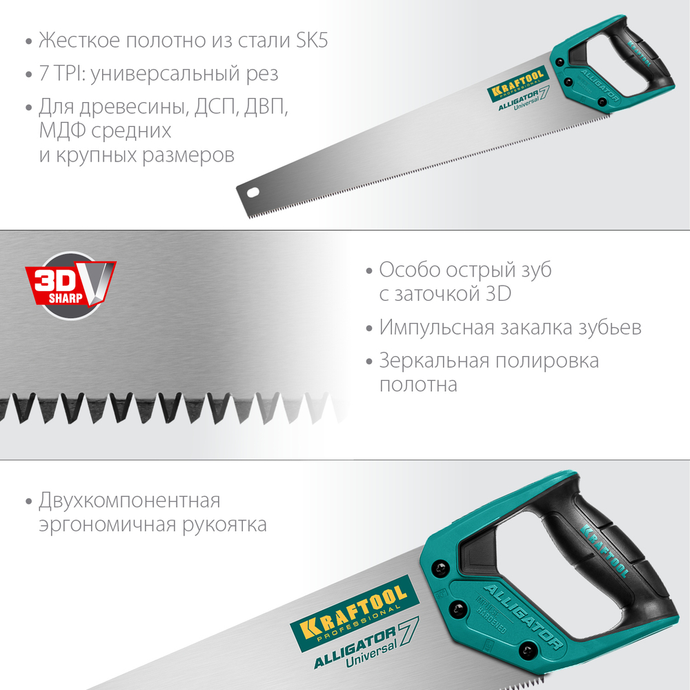 Ножовка универсальная ″Alligator Universal 7″, 550 мм, 7 TPI 3D зуб. KRAFTOOL