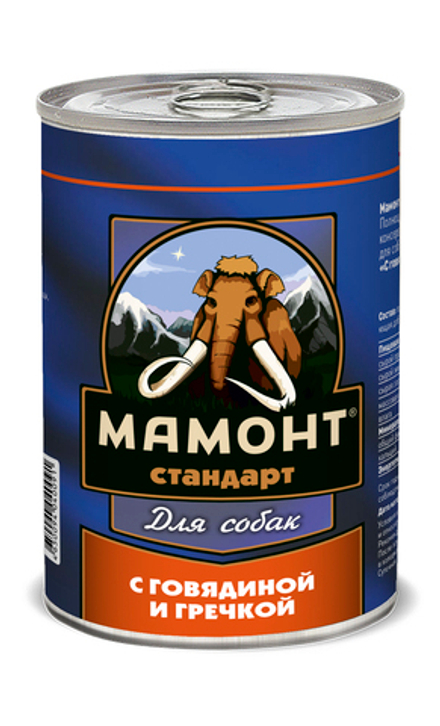 Влажный корм Мамонт Стандарт Говядина с гречкой для собак жестяная банка 970 г