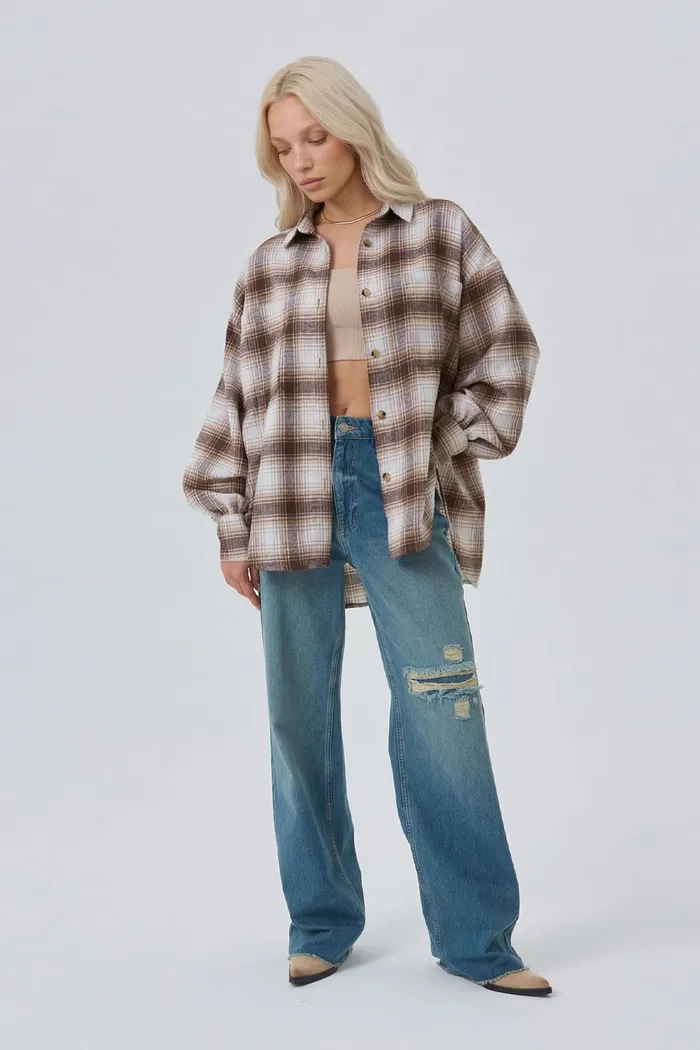 Рубашка из фланели бежевого цвета в клетку