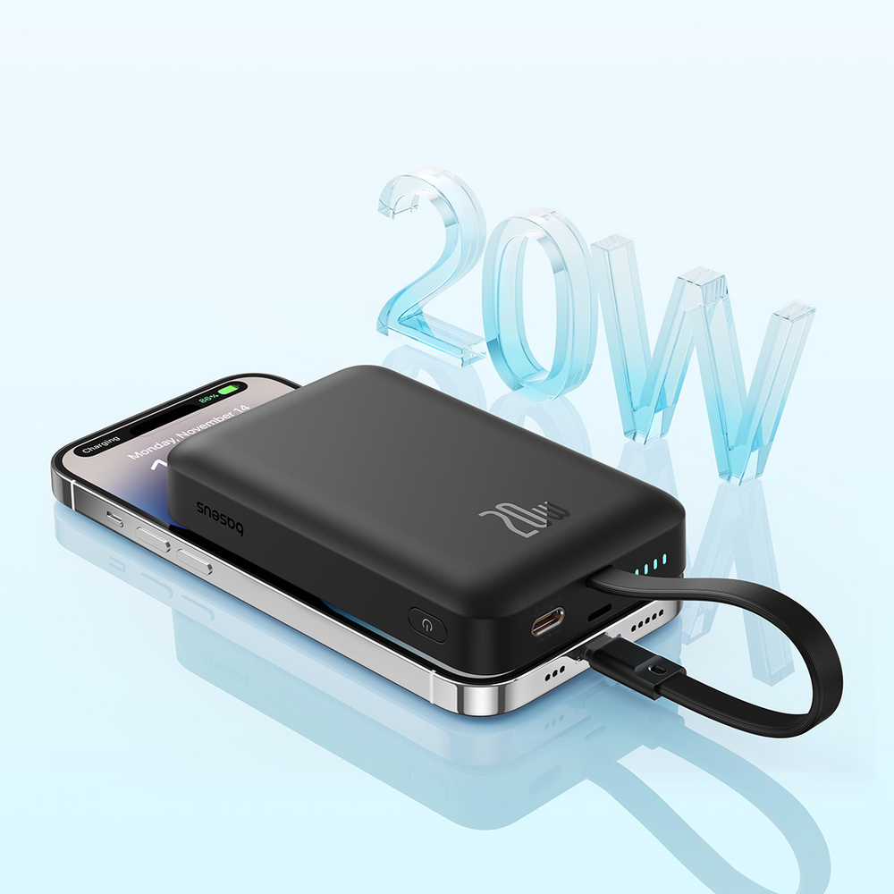 Внешний аккумулятор + Беспроводная зарядка Baseus Magnetic Mini iP Edition C+L+Qi 10000mAh 20W (MagSafe) - Cluster Black
