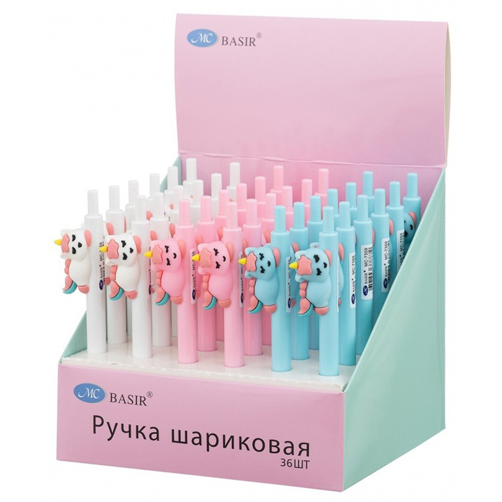 Ручка шариковая, автоматическая, Basir, синие чернила, серия "ЕДИНОРОГ", с фигуркой на корпусе, 36 шт