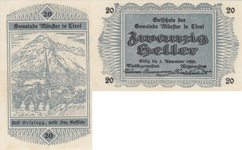 Австрия 20 геллеров 1920 Мюнстер aUNC