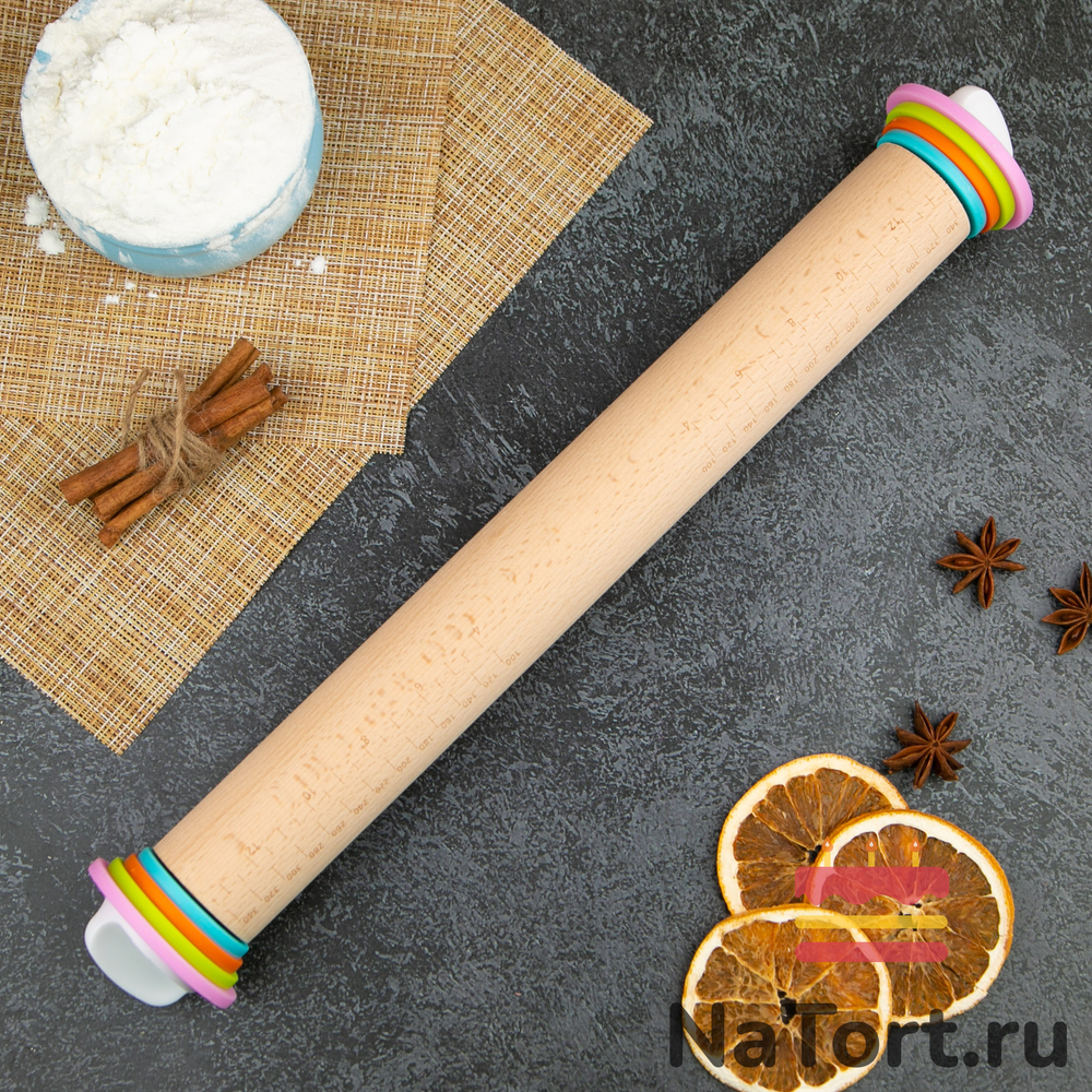 Деревянная скалка с регулировкой толщины теста 35 см