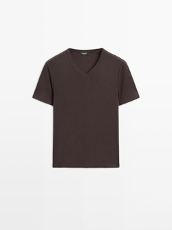 Massimo Dutti Футболка из 100% хлопка с V-образным вырезом, коричневый