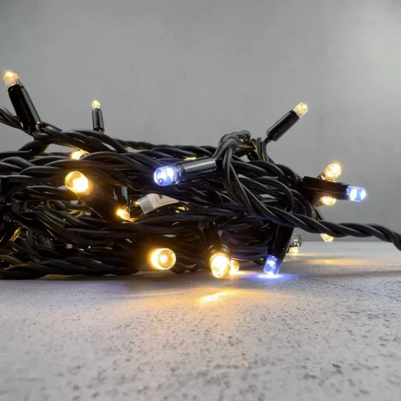 Гирлянда Нить 10 м., Тепло-Белая с Мерцанием Белого Диода 220В, 75 LED, Провод Черный Каучук, IP65, LTC (LL75BLW-1-2WW)